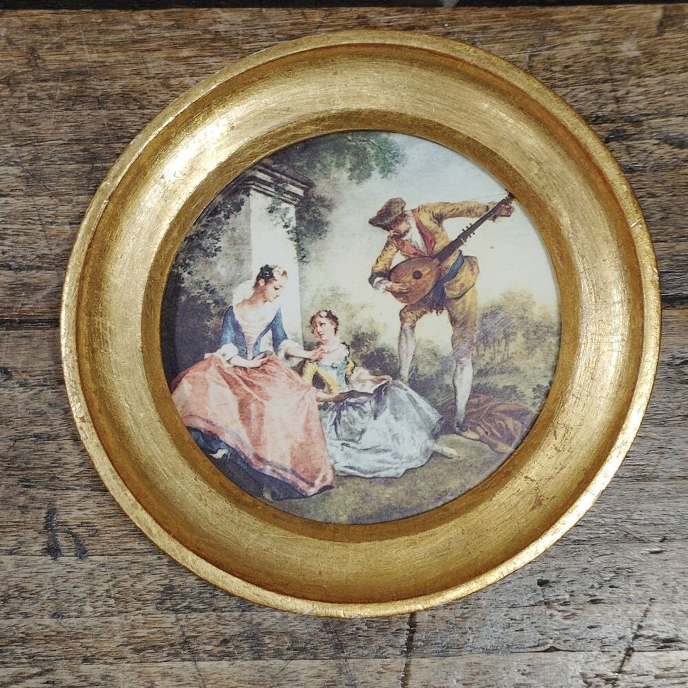 Vintage Music Lesson Lancret Miniature Picture Italy Round Framed Gold Handmade